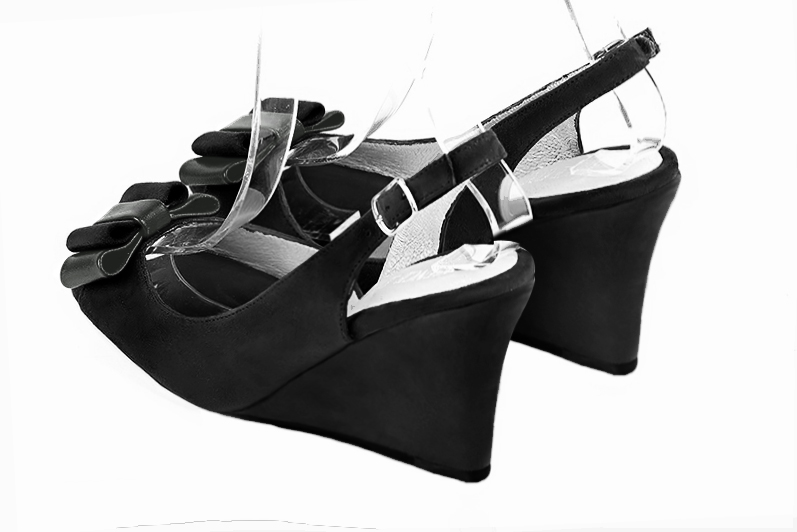 Matt black women's slingback sandals. Round toe. High wedge heels. Rear view - Florence KOOIJMAN